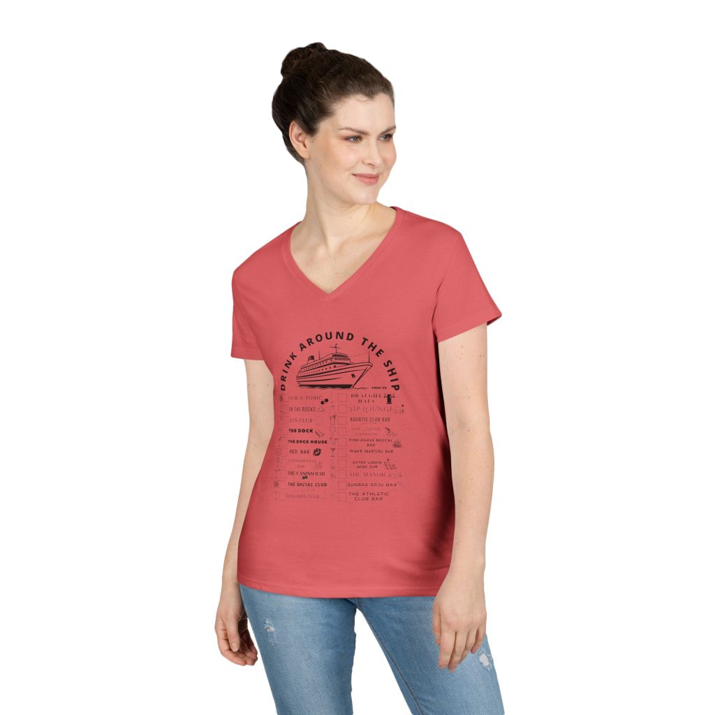 Ladies V-Neck Shirt in CORAL SILK, designed for the Virgin Voyages Resilient Lady Cruise Ship, featuring BLACK text and Drink Around the Ship Bar Crawl Graphics Displaying All 20 bars and lounges onboard.
