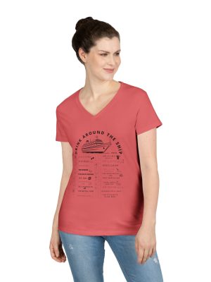 Ladies V-Neck Shirt in CORAL SILK, designed for the Virgin Voyages Resilient Lady Cruise Ship, featuring BLACK text and Drink Around the Ship Bar Crawl Graphics Displaying All 20 bars and lounges onboard.