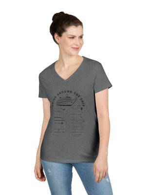 Ladies V-Neck Shirt in GRAPHITE, designed for the Virgin Voyages Resilient Lady Cruise Ship, featuring BLACK text and Drink Around the Ship Bar Crawl Graphics Displaying All 20 bars and lounges onboard.
