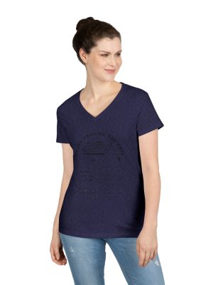 Ladies V-Neck Shirt in HEATHER NAVY, designed for the Virgin Voyages Resilient Lady Cruise Ship, featuring BLACK text and Drink Around the Ship Bar Crawl Graphics Displaying All 20 bars and lounges onboard.