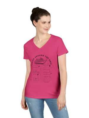 Ladies V-Neck Shirt in HELCONIA, designed for the Virgin Voyages Resilient Lady Cruise Ship, featuring BLACK text and Drink Around the Ship Bar Crawl Graphics Displaying All 20 bars and lounges onboard.