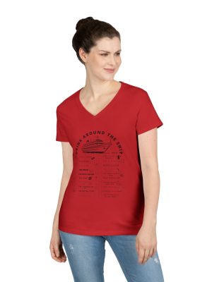 Ladies V-Neck Shirt in RED, designed for the Virgin Voyages Resilient Lady Cruise Ship, featuring BLACK text and Drink Around the Ship Bar Crawl Graphics Displaying All 20 bars and lounges onboard.