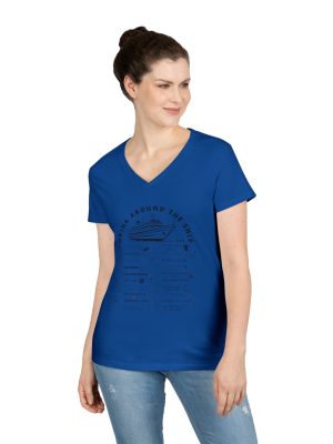 Ladies V-Neck Shirt in ROYAL BLUE, designed for the Virgin Voyages Resilient Lady Cruise Ship, featuring BLACK text and Drink Around the Ship Bar Crawl Graphics Displaying All 20 bars and lounges onboard.