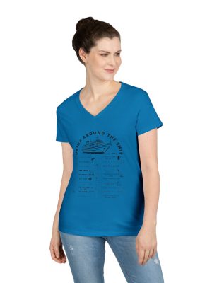 Ladies V-Neck Shirt in SAPPHIRE, designed for the Virgin Voyages Resilient Lady Cruise Ship, featuring BLACK text and Drink Around the Ship Bar Crawl Graphics Displaying All 20 bars and lounges onboard.
