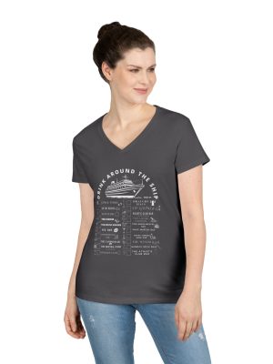 Ladies V-Neck Shirt in CHARCOAL Designed For The Virgin Voyages Resilient Lady Cruise Ship With a Drink Around The Ship Bar Crawl Graphic Displaying All 20 Bars & Lounges Onboard.