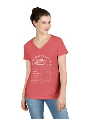 Ladies V-Neck Shirt in CORAL SILK Designed For The Virgin Voyages Resilient Lady Cruise Ship With a Drink Around The Ship Bar Crawl Graphic Displaying All 20 Bars & Lounges Onboard.