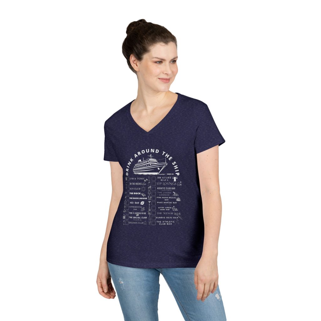 Ladies V-Neck Shirt in HEATHER NAVY Designed For The Virgin Voyages Resilient Lady Cruise Ship With a Drink Around The Ship Bar Crawl Graphic Displaying All 20 Bars & Lounges Onboard.