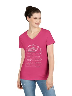 Ladies V-Neck Shirt in HELCONIA Designed For The Virgin Voyages Resilient Lady Cruise Ship With a Drink Around The Ship Bar Crawl Graphic Displaying All 20 Bars & Lounges Onboard.