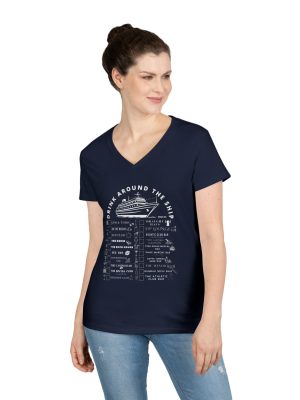 Ladies V-Neck Shirt in NAVY Designed For The Virgin Voyages Resilient Lady Cruise Ship With a Drink Around The Ship Bar Crawl Graphic Displaying All 20 Bars & Lounges Onboard.