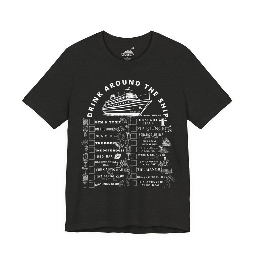 Resilient Lady bar crawl shirt in heather black with white text