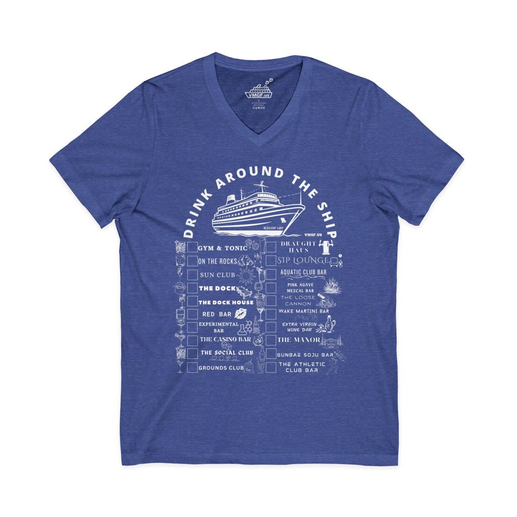 Resilient Lady V-Neck bar crawl shirt in heather true royal blue with white text