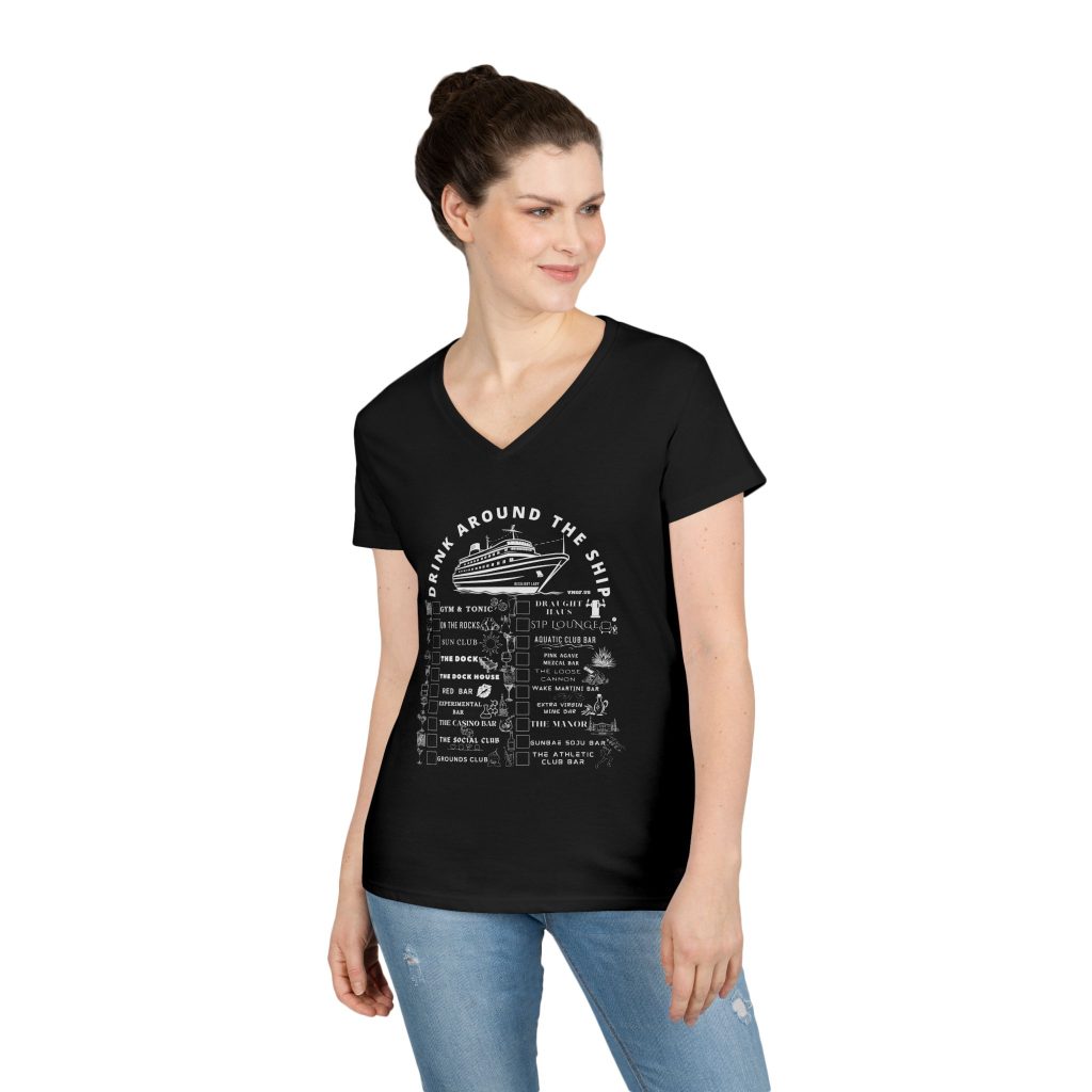 Resilient Lady - Ladies V-Neck bar crawl shirt in solid black with white text