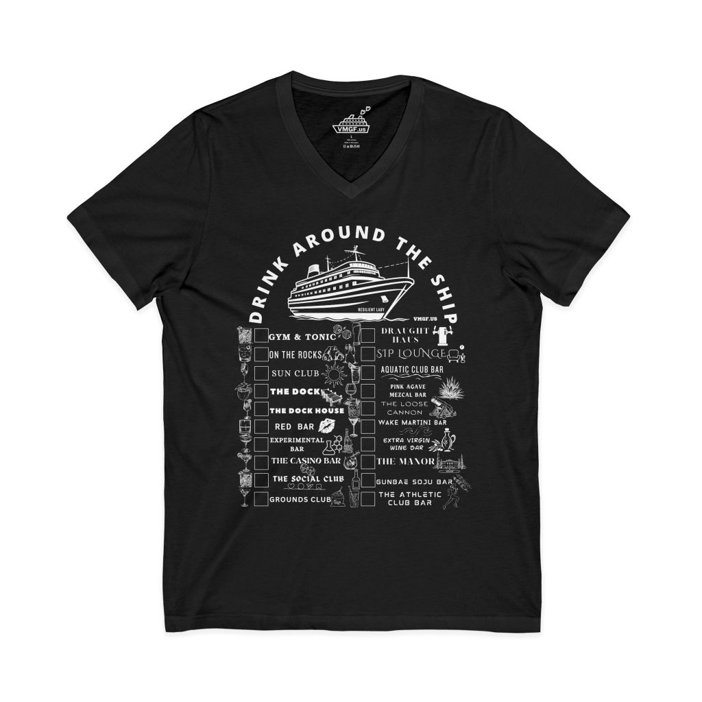 Resilient Lady V-Neck bar crawl shirt in solid black with white text