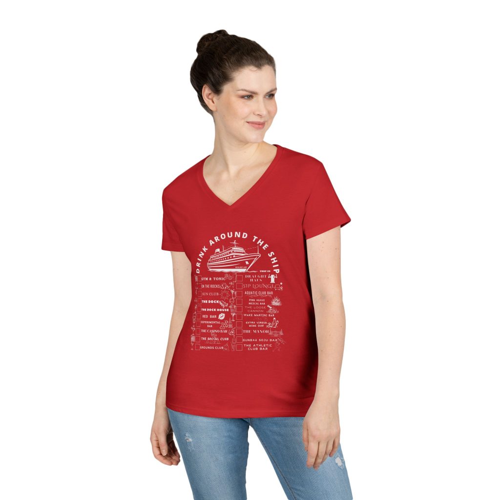 Resilient Lady - Ladies V-Neck bar crawl shirt in solid red with white text