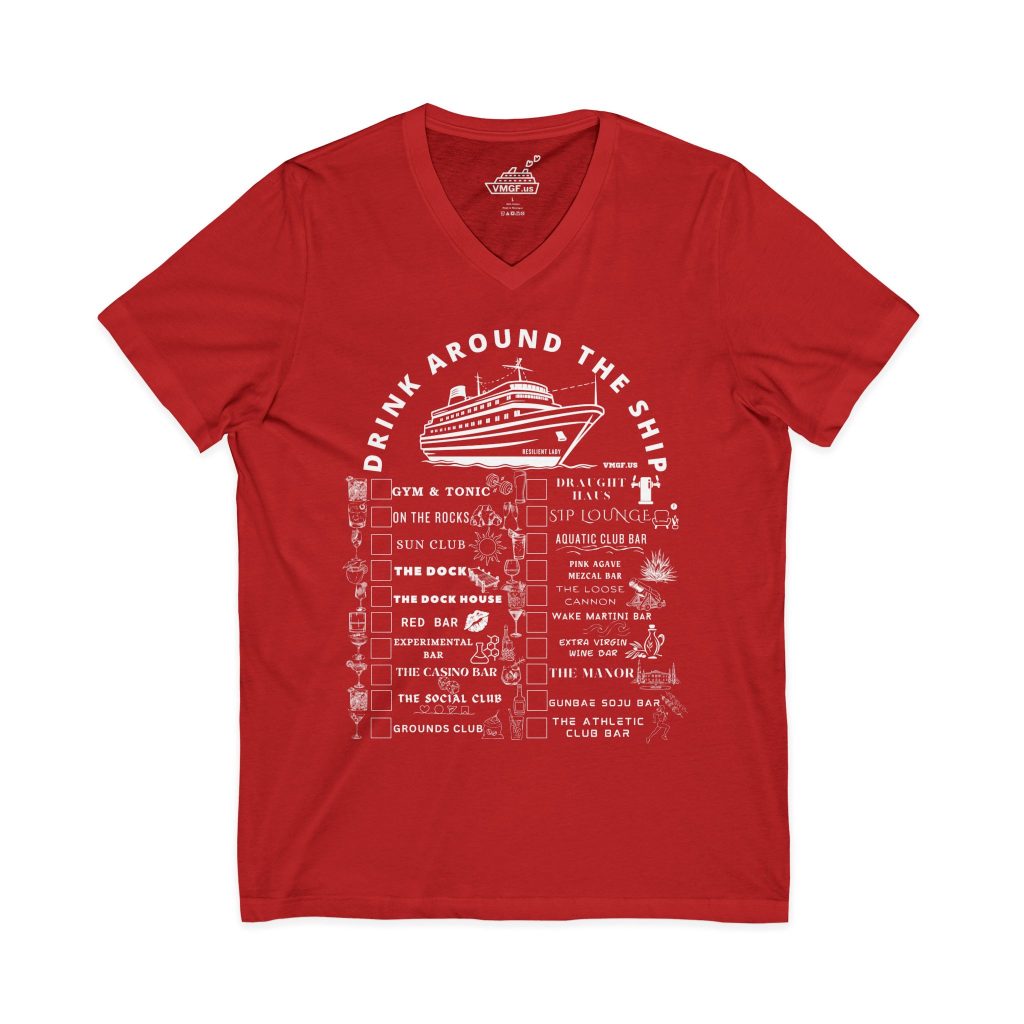 Resilient Lady V-Neck bar crawl shirt in solid red with white text
