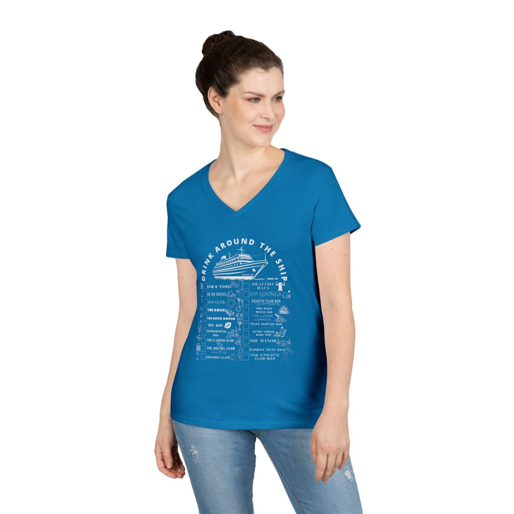 Resilient Lady - Ladies V-Neck bar crawl shirt in solid sapphire with white text