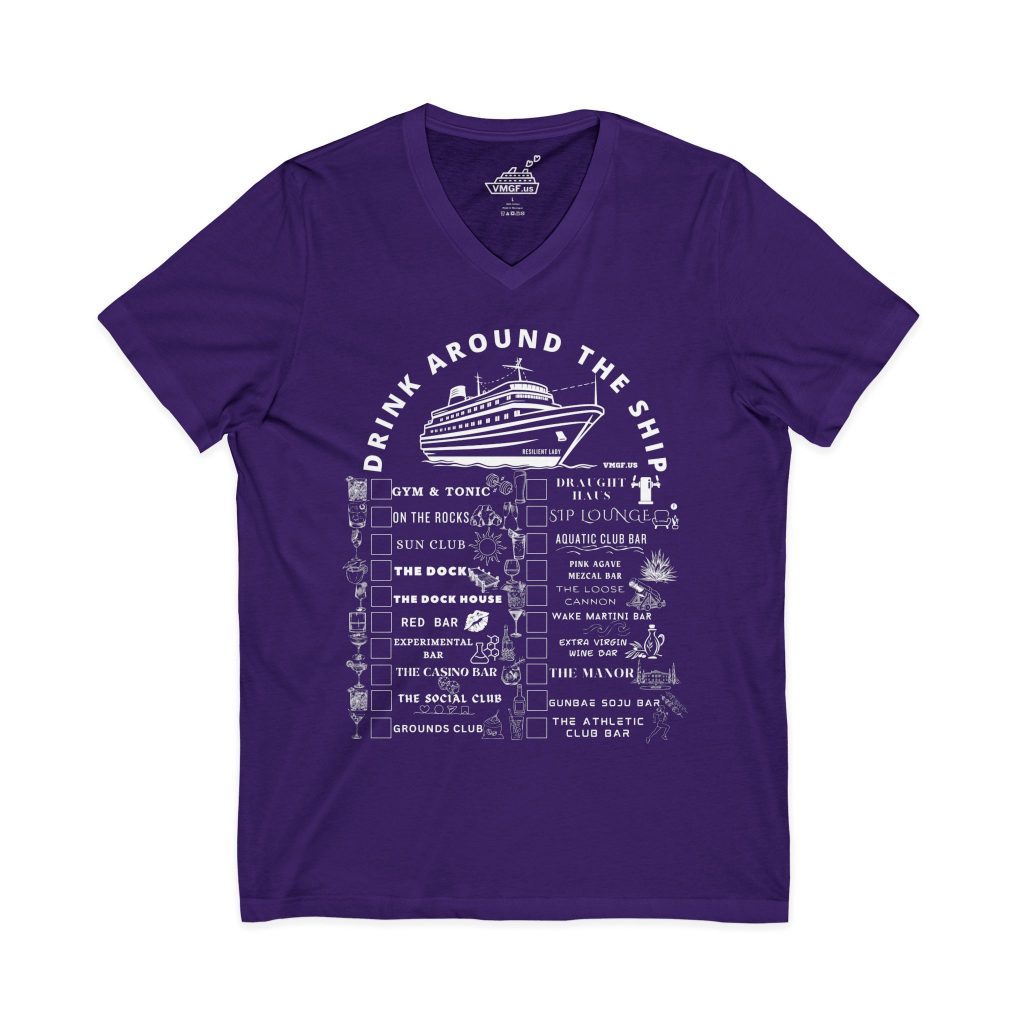 Resilient Lady V-Neck bar crawl shirt in solid team purple with white text